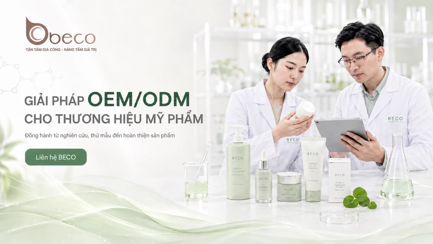 Chuyên viên nghiên cứu của BECO kiểm tra mẫu sản phẩm trong phòng thí nghiệm — giải pháp OEM và ODM cho thương hiệu mỹ phẩm